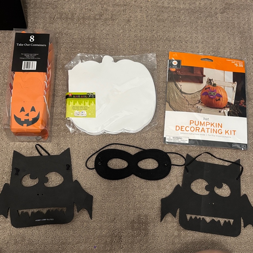 Halloween variety set, take out containers, blank books, 3 masks
